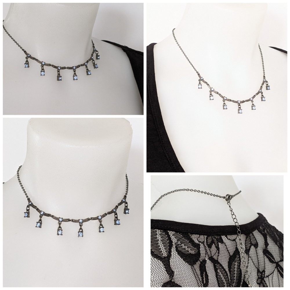 Dark Chain Chocker Necklace W/ Faux Blue Stones